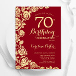 Elegant Red Gold Roses 70th Birthday Invitation<br><div class="desc">Red gold floral 70th birthday party invitation. Elegant design featuring roses,  faux gold foil and typography script font. Trendy invite card perfect for a stylish female bday celebration. Can be customized to any age. Printed Zazzle invitations or instant download digital printable template.</div>