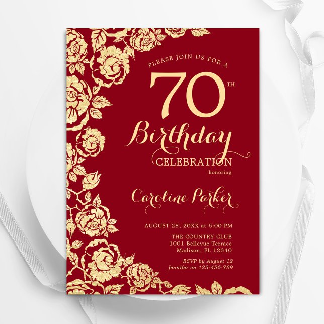 Elegant Red Gold Roses 70th Birthday Invitation (Creator Uploaded)