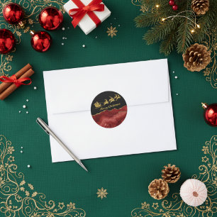 Elegant Red Gold Santa Sleigh Merry Christmas  Classic Round Sticker