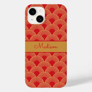 Elegant Red Gold Scallop Pattern Personalized Name Case-Mate iPhone 14 Case