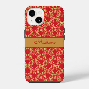 Elegant Red Gold Scallop Pattern Personalized Name iPhone 14 Case