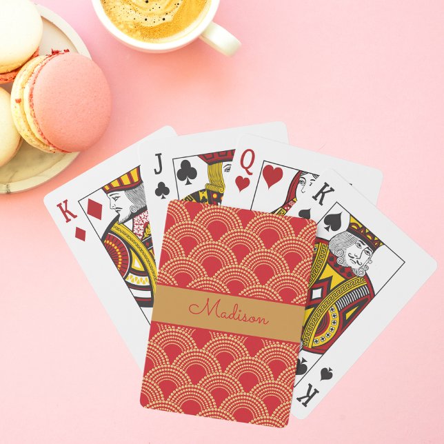 Elegant Red Gold Scallop Pattern Personalized Name Playing Cards (Creator Uploaded)