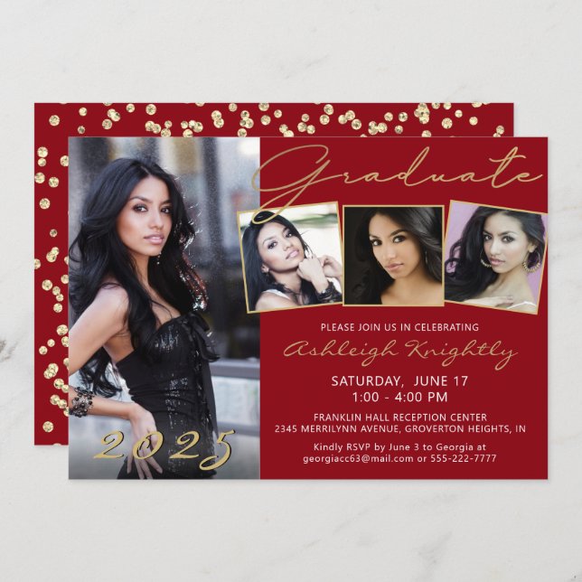 Elegant Red Gold Script 4 Photo Graduate Invitation (Front/Back)