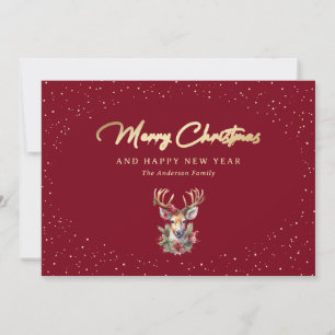 Elegant Red Gold Snow Reindeer Christmas Cards