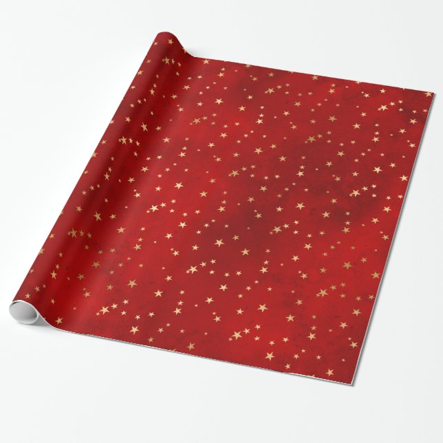 Elegant Red Gold Stars Christmas Wrapping Paper (Unrolled)