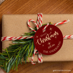 Elegant Red  Gold Stars Name Merry Christmas Favour Tags