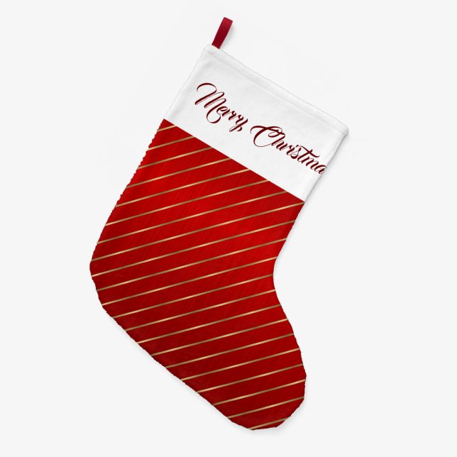 Elegant Red Gold Stripes Large Christmas Stocking (Front (Hanging))