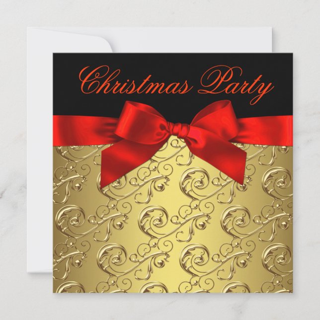 Elegant Red Gold Swirl Bow Christmas Party Invitation (Front)