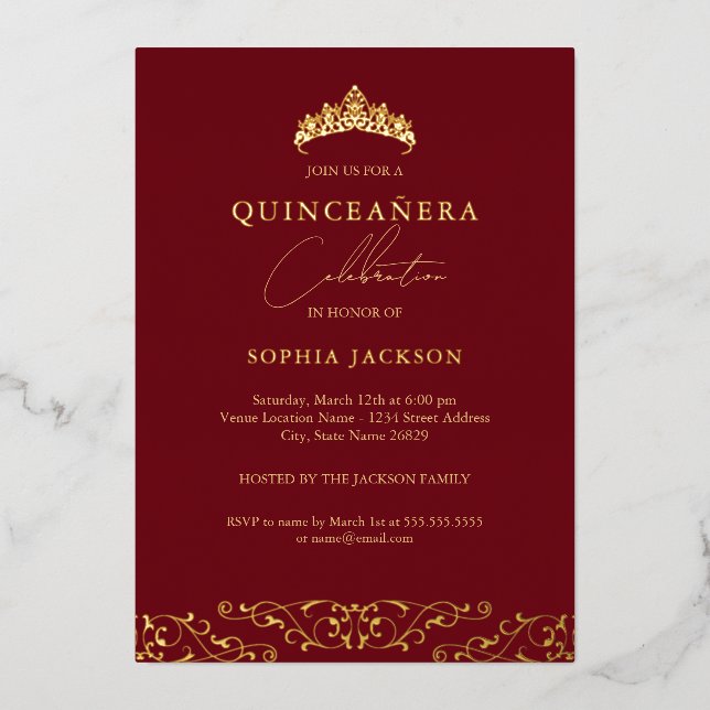 Elegant Red Gold Tiara Script Quinceanera (Front)