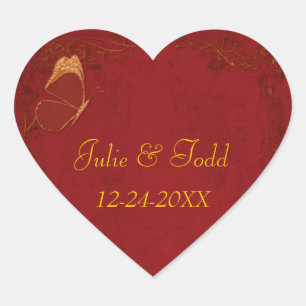Elegant Red & Gold Vintage Butterflies Heart Sticker