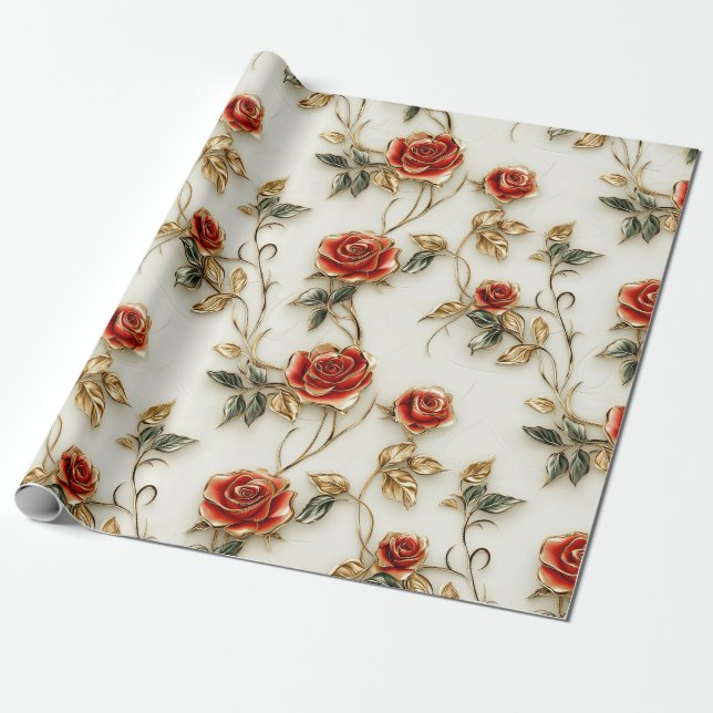 Elegant Red Gold Vintage Roses Wrapping Paper (Unrolled)