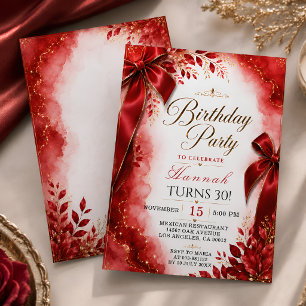 Elegant Red Gold Watercolor Bow 30th Birthday Part Invitation