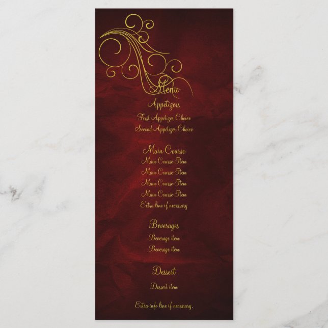 Elegant Red Gold Wedding Menu Rack Card (Front)