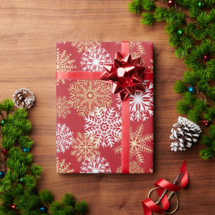 Elegant Red Gold Winter Snowflakes Holiday Pattern Wrapping Paper