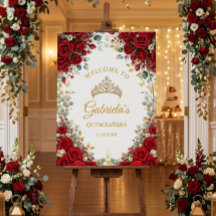 Elegant Red Golden Butterflies Quinceañera Welcome
