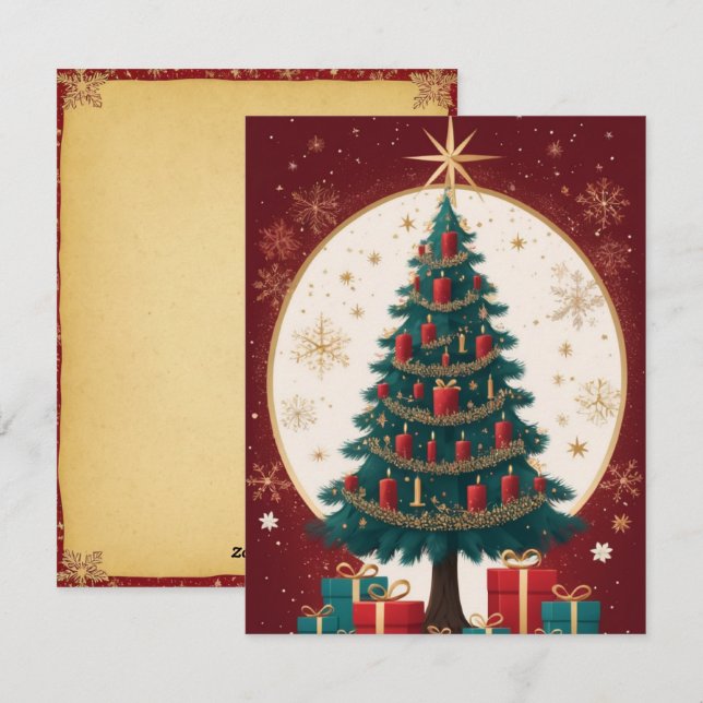 Elegant Red Golden Christmas Tree Greeting Card (Front/Back)