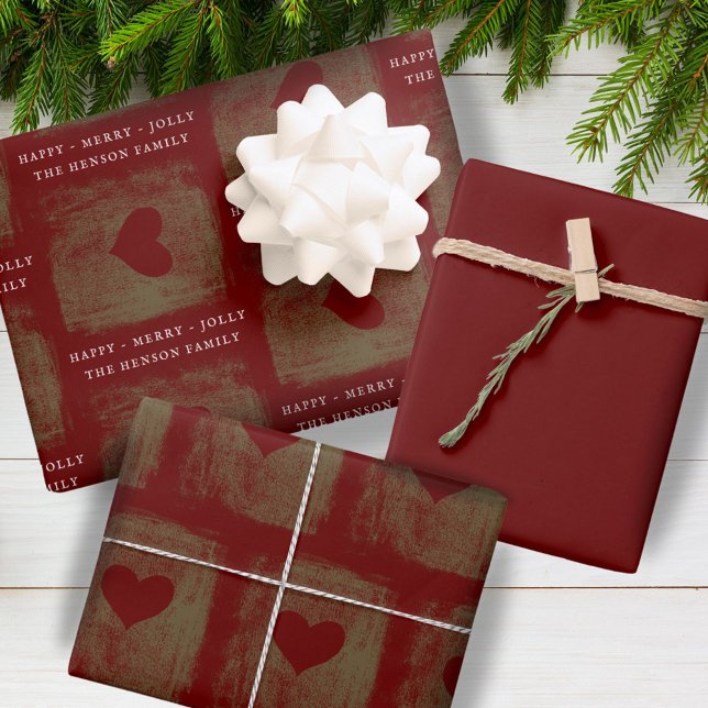 Elegant Red Golden Heart Drawing Family Christmas Wrapping Paper Sheet (Creator Uploaded)