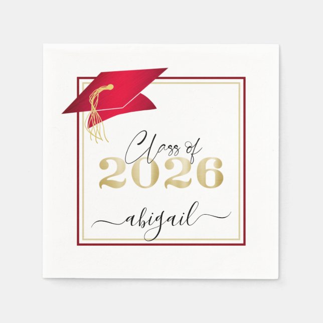 Elegant Red Graduation 2025 Metallic Gold Script Napkin (Front)