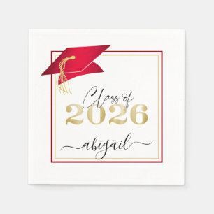 Elegant Red Graduation Cap Metallic Gold Script Napkin