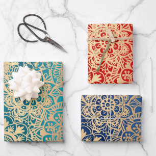 Elegant Red Green Blue and Gold Mandala Pattern Wrapping Paper Sheet
