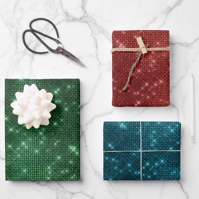 Elegant red green blue glitter Christmas Wrapping Paper Sheet (Front)