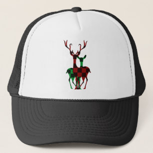 Elegant Red & Green Buffalo Plaid Reindeer Couple Trucker Hat