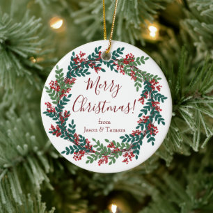 Elegant Red Green Christmas Wreath Ceramic Ornament