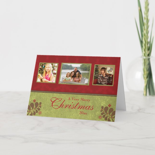 Elegant red green custom 3 photo christmas card (Front)