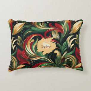 Elegant Red, Green & Gold Abstract Paisley Leaves Accent Pillow