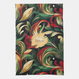 Elegant Red, Green & Gold Abstract Paisley Leaves Kitchen Towel