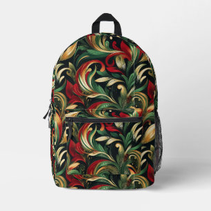 Elegant Red, Green & Gold Abstract Paisley Leaves Printed Backpack