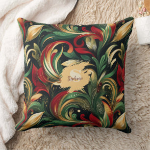 Elegant Red, Green & Gold Abstract Paisley Leaves Throw Pillow