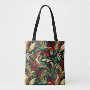 Elegant Red, Green & Gold Abstract Paisley Leaves Tote Bag