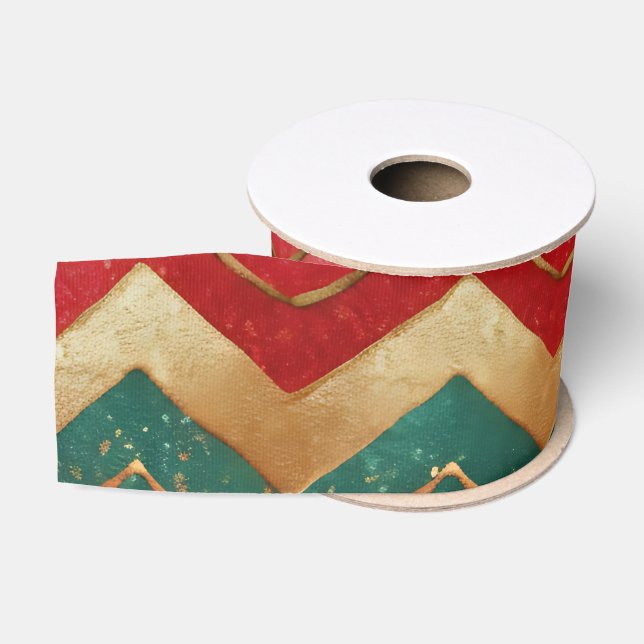 Elegant Red Green Gold Chevron Pattern Grosgrain Ribbon (Spool)