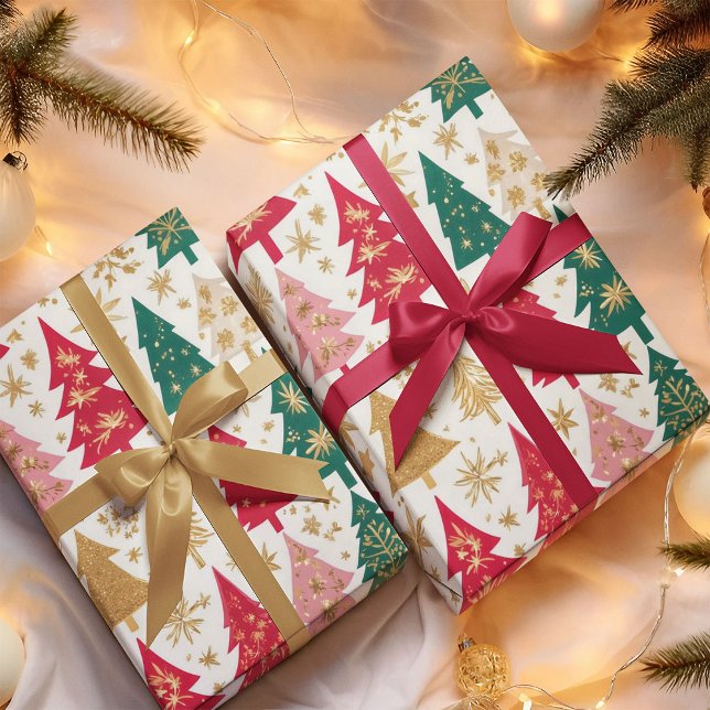 Elegant Red Green Gold Christmas Trees Pattern Wrapping Paper (Creator Uploaded)