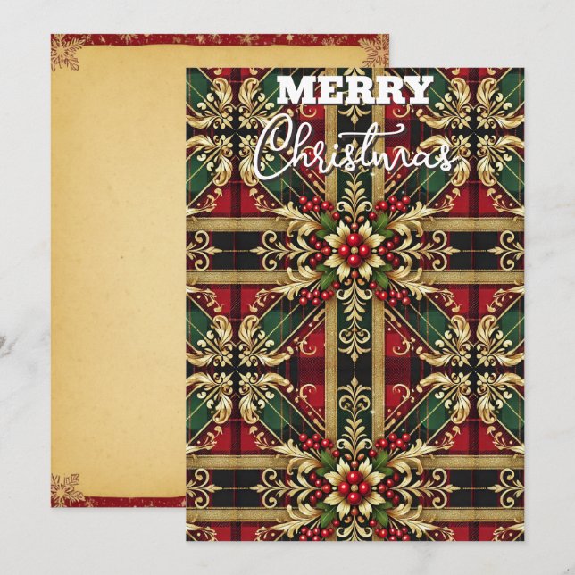 Elegant Red Green Gold Festive Plaid  Holiday Card (Front/Back)