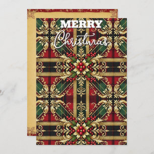 Elegant Red Green Gold Festive Plaid  Holiday Card