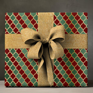 Elegant Red Green Gold Geometric Quatrefoil Wrapping Paper