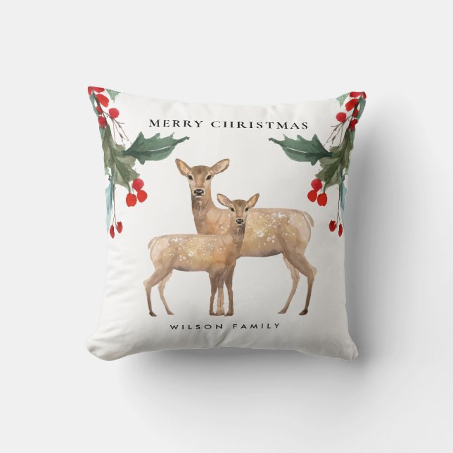 ELEGANT RED GREEN HOLLY BERRY DEER DUO CHRISTMAS THROW PILLOW (Front)