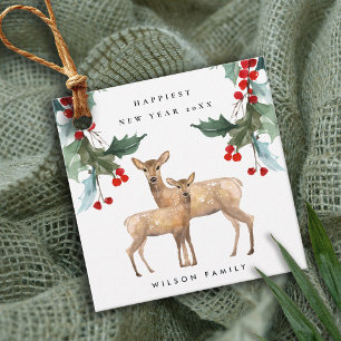 ELEGANT RED GREEN HOLLY BERRY DEER DUO NEW YEAR FAVOUR TAGS