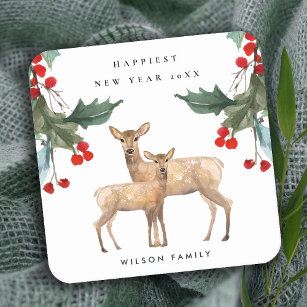 ELEGANT RED GREEN HOLLY BERRY DEER DUO NEW YEAR SQUARE PAPER COASTER
