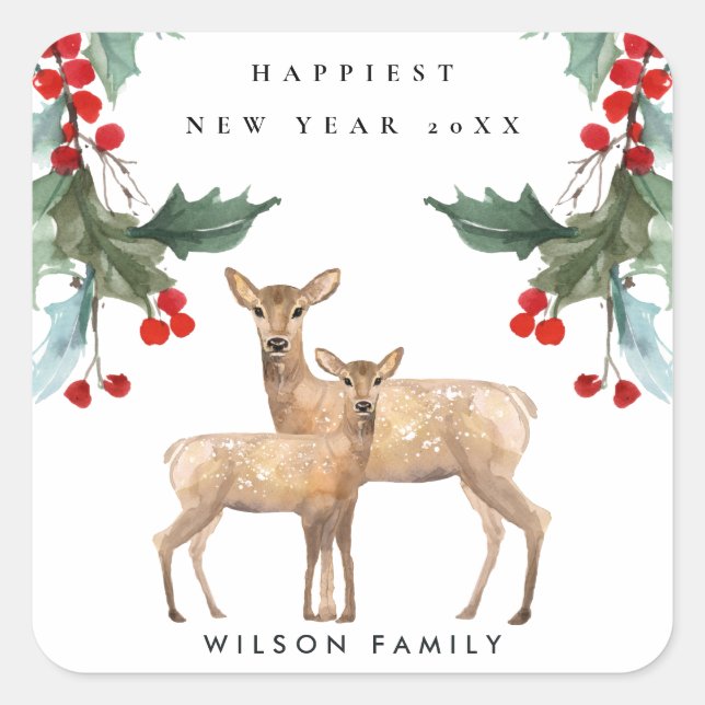 ELEGANT RED GREEN HOLLY BERRY DEER DUO NEW YEAR SQUARE STICKER (Front)