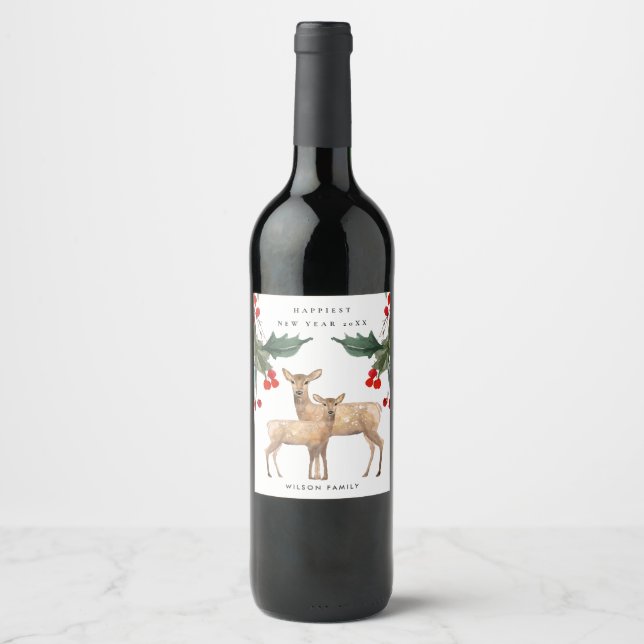 ELEGANT RED GREEN HOLLY BERRY DEER DUO NEW YEAR WINE LABEL (Front)