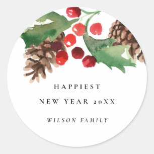 ELEGANT RED GREEN HOLLY BERRY PINE CONE NEW YEAR CLASSIC ROUND STICKER