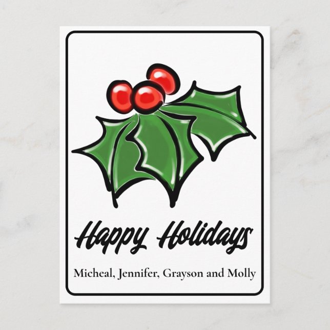Elegant red green Holly Leaves Holly berries  Postcard (Front)