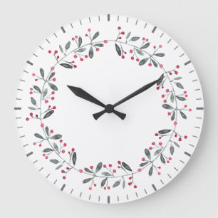 Elegant Red & Green Holly Wreath Christmas Large Clock
