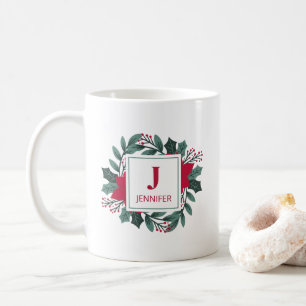 Elegant Red Green Holly Wreath Monogram Initial Coffee Mug