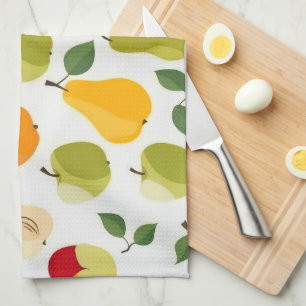 Elegant Red Green Orange Apples Pears Pattern Kitchen Towel