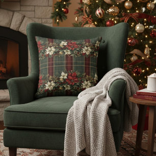 Elegant Red Green Plaid Red Poinsettia Christmas Throw Pillow