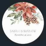 Elegant Red Green Poinsettia Pine Cone Watercolor Classic Round Sticker<br><div class="desc">If you need any further customisation please feel free to message me on yellowfebstudio@gmail.com.</div>